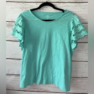 St. John’s Bay Petite Large Eyelet Sleeve Tee 100% Cotton Mint Green Lightweight